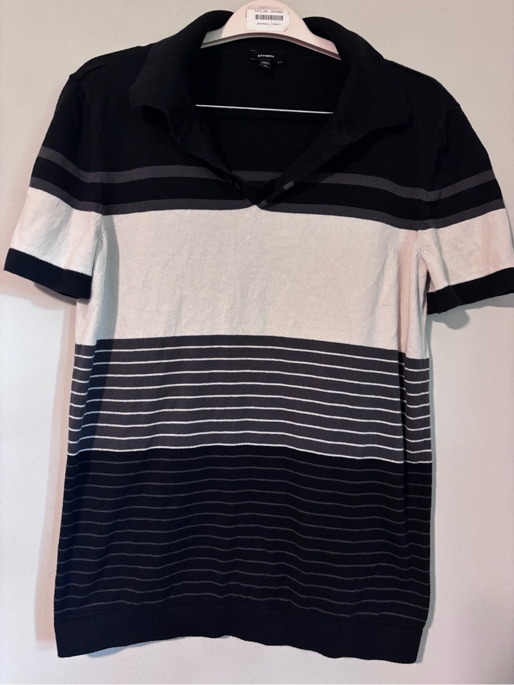 Express Men’s Black and White Striped Polo